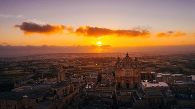 Aerial view of Mdina at sunrise